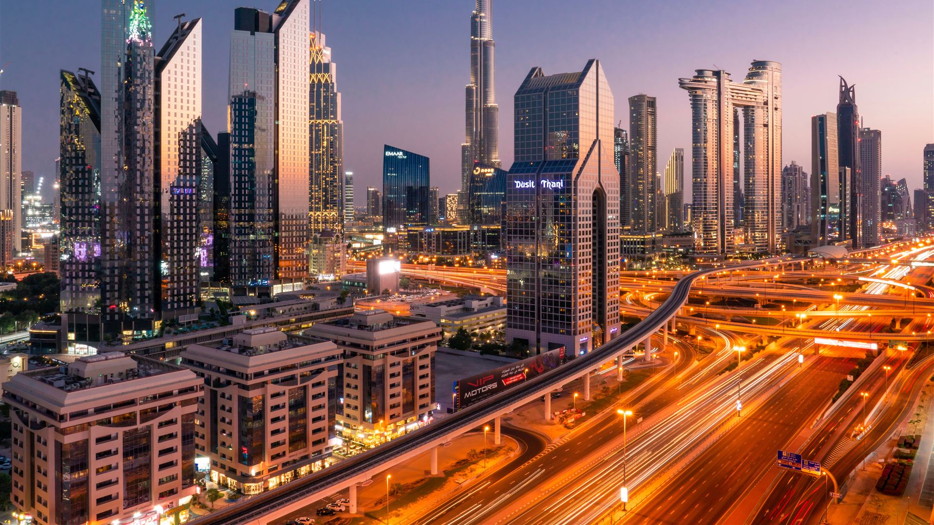 Downtown Dubai skyline at dusk