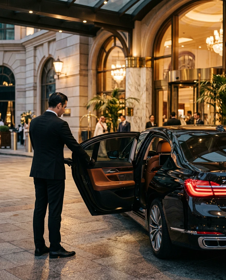HeyGo chauffeur opening the door of a chauffeur-driven vehicle at a Dubai hotel entrance